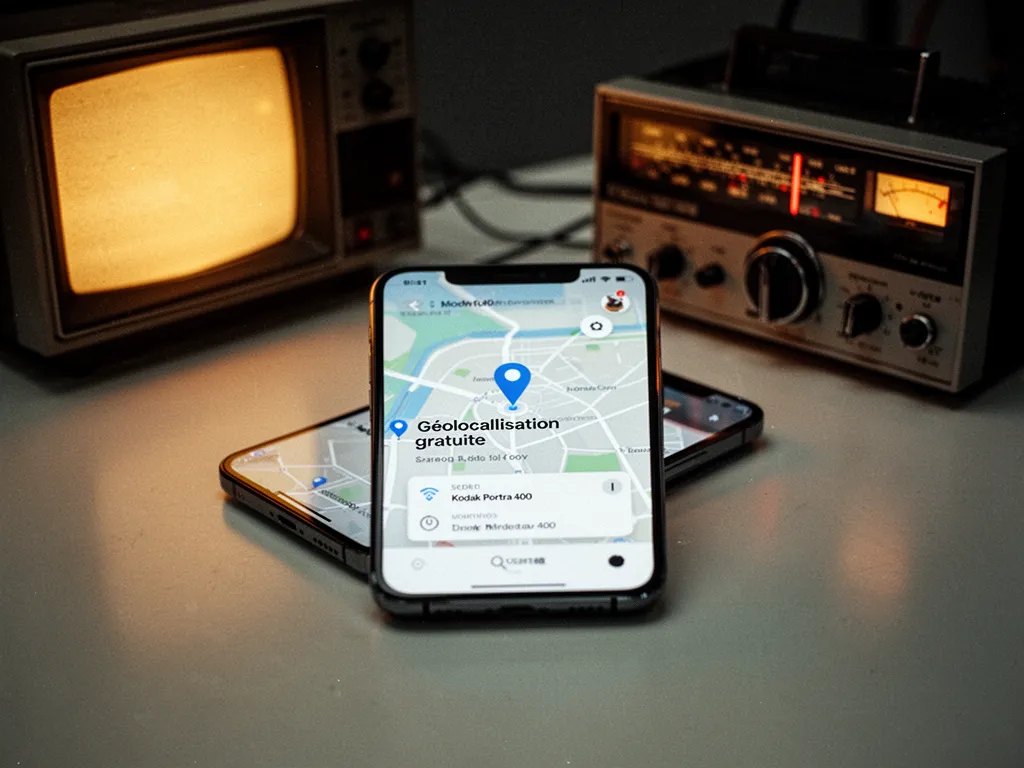 Écran de smartphone affichant une carte avec un point de localisation bleu sur un plan de ville