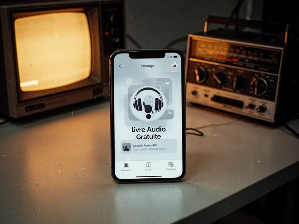 Smartphone posé sur un bureau avec des écouteurs sans fil affichant une interface de lecture audio