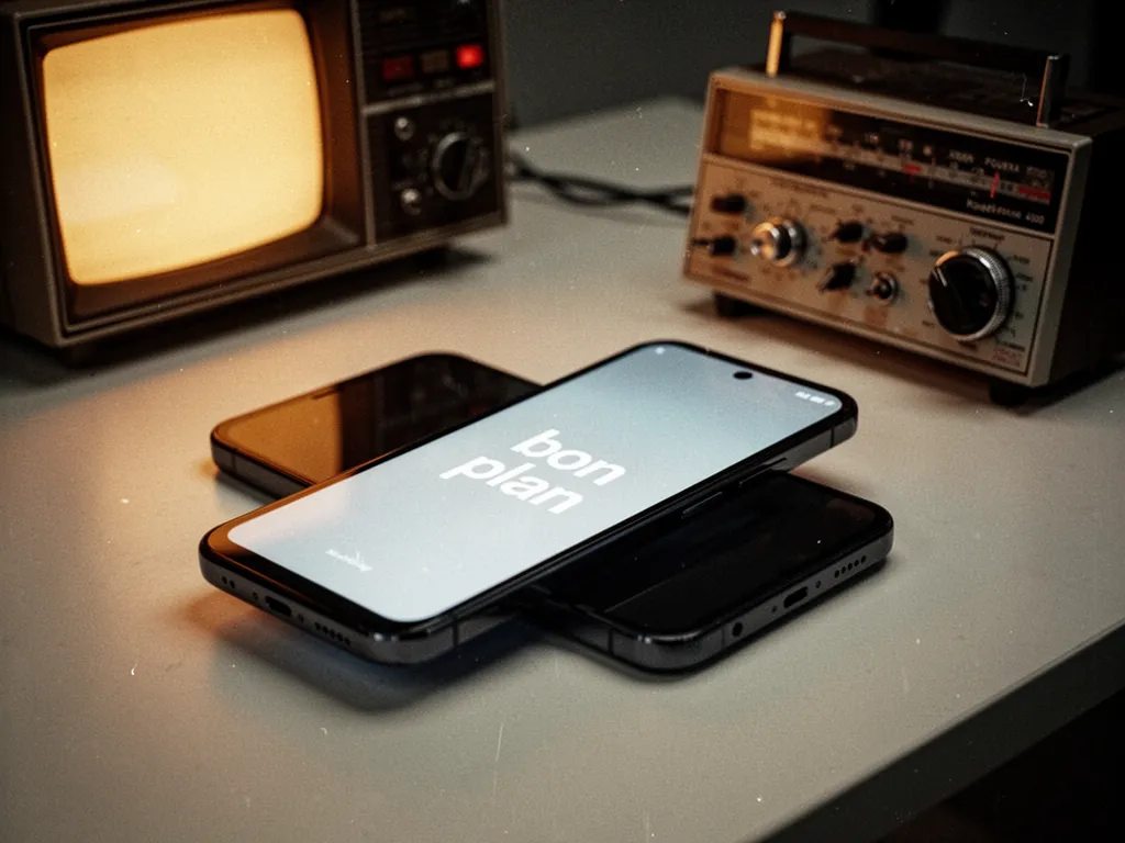 Plusieurs smartphones posés sur une table en bois à côté d'étiquettes de prix barrées