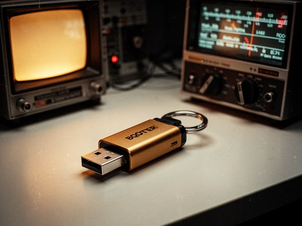 Clé USB insérée dans un port d'ordinateur portable avec un écran de démarrage BIOS visible en arrière-plan