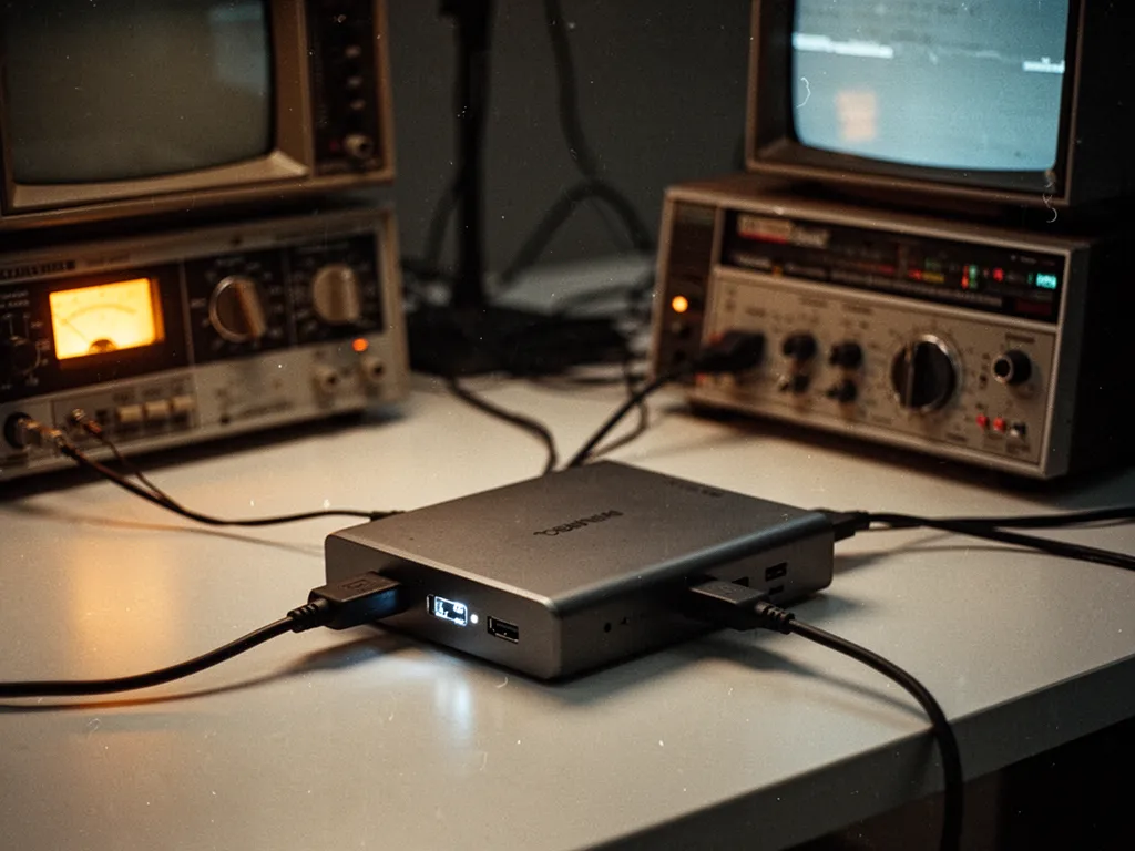 Bureau avec deux moniteurs connectés à un PC portable via un dock USB-C et des câbles HDMI