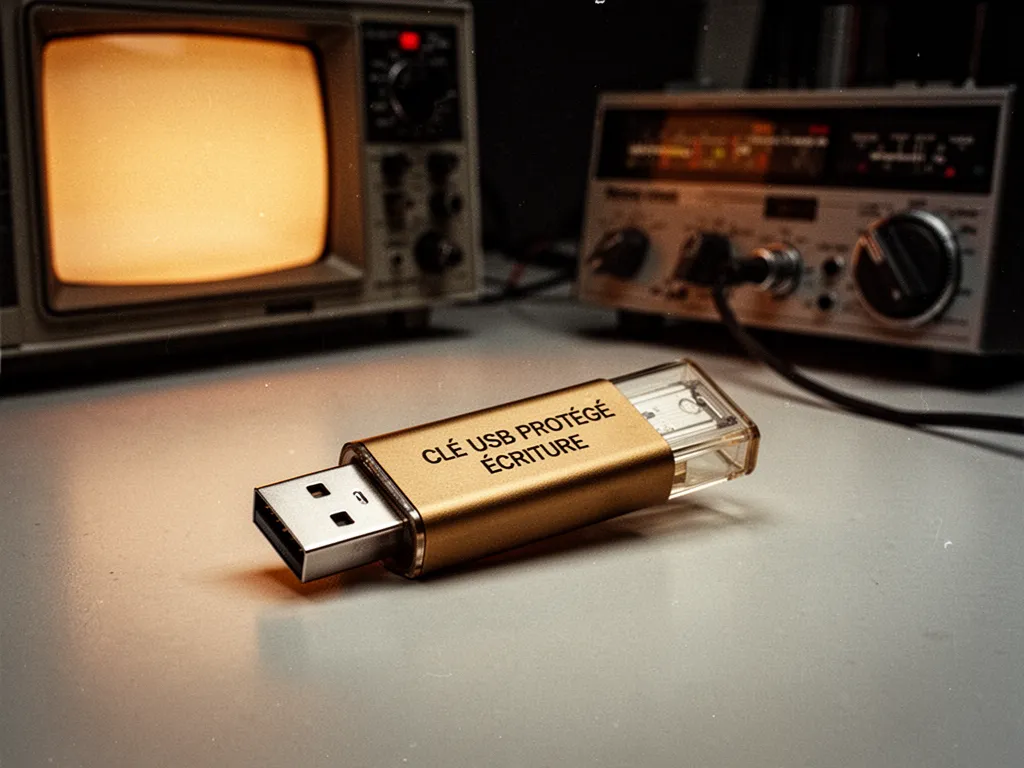 Clé USB branchée sur un port d'ordinateur portable avec un cadenas affiché à l'écran
