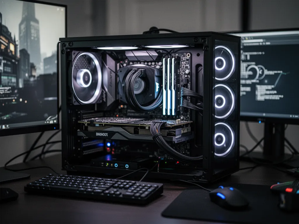 Un PC gamer monté dans un boîtier blanc épuré, avec un éclairage RGB discret, posé sur un bureau en bois face à un écran