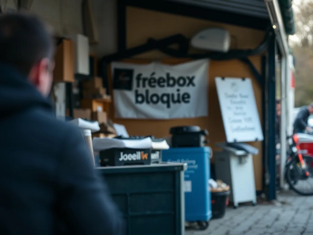 Gros plan sur un boîtier Freebox Server avec un voyant lumineux clignotant, posé à côté d'un téléviseur éteint qui reflète