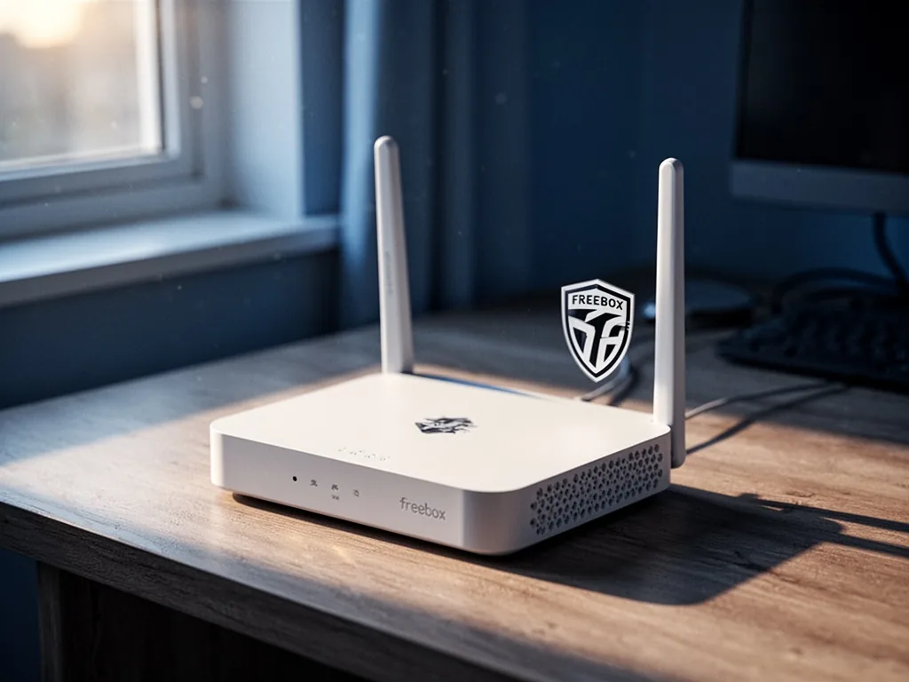 A white Freebox router on a wooden desk, a small shield-shaped sticker placed near its antenna, late afternoon sunlight