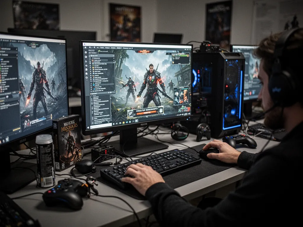 Un écran d'ordinateur affichant une bibliothèque Steam bien remplie, clavier mécanique rétroéclairé et souris gaming au