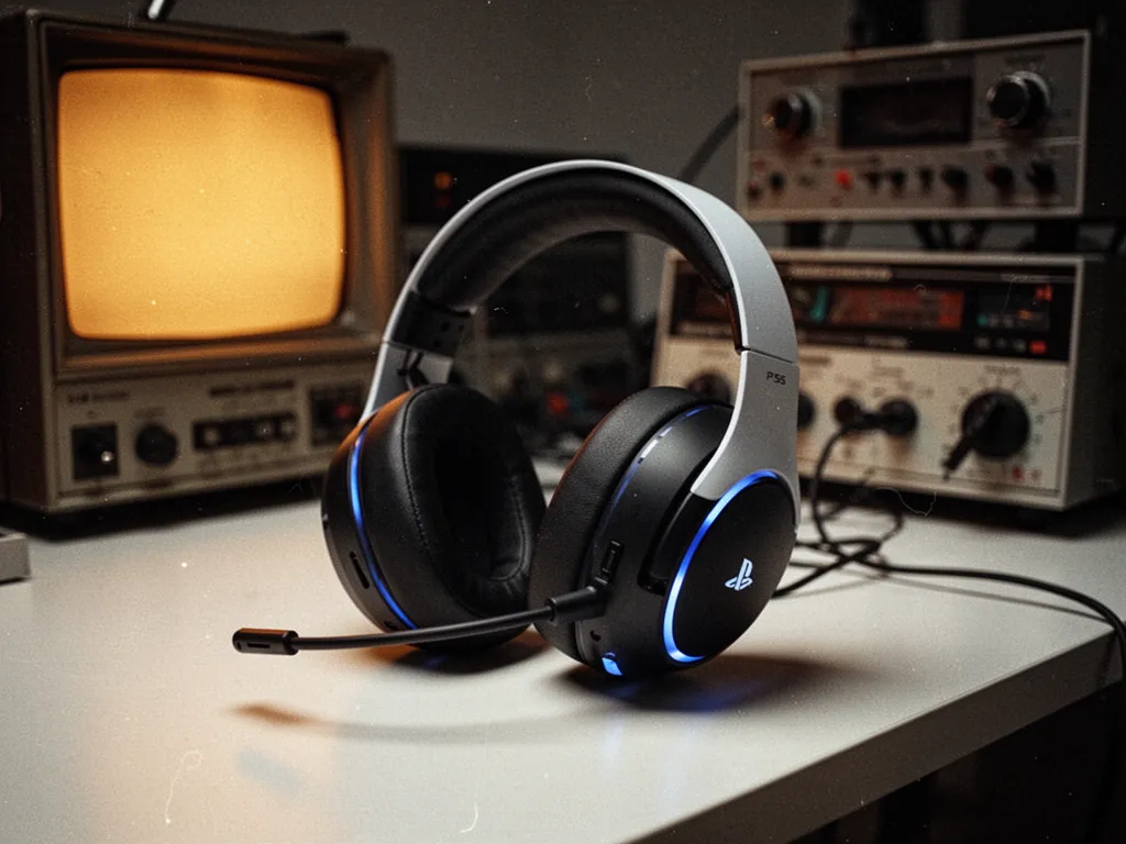 Casque gaming sans fil posé sur une manette DualSense blanche à côté d'une PS5