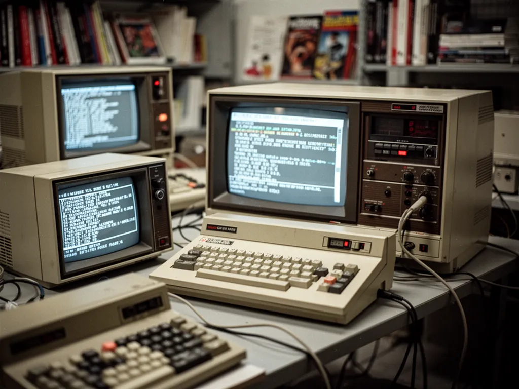 Un ordinateur des années 70 avec un boîtier en métal, un clavier intégré et un petit écran monochrome, posé sur un bureau en