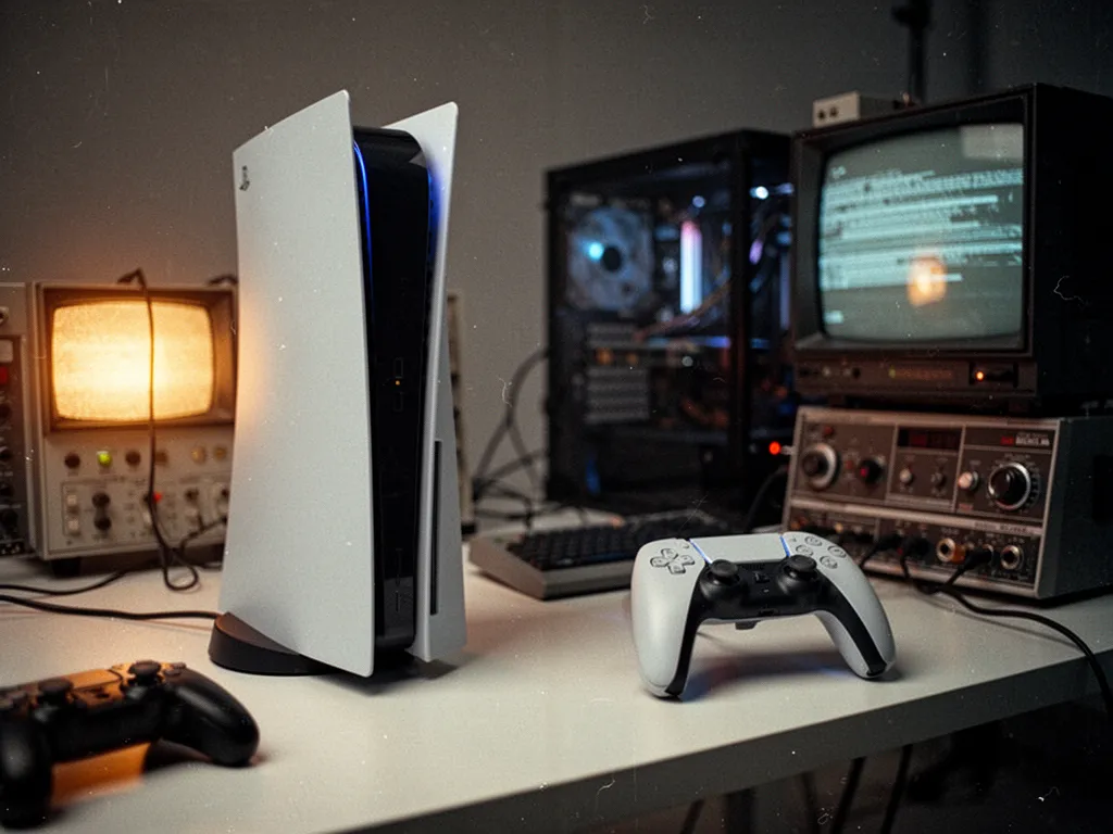 Une PS5 blanche posée à côté d'une tour PC gaming avec éclairage RGB sur un bureau