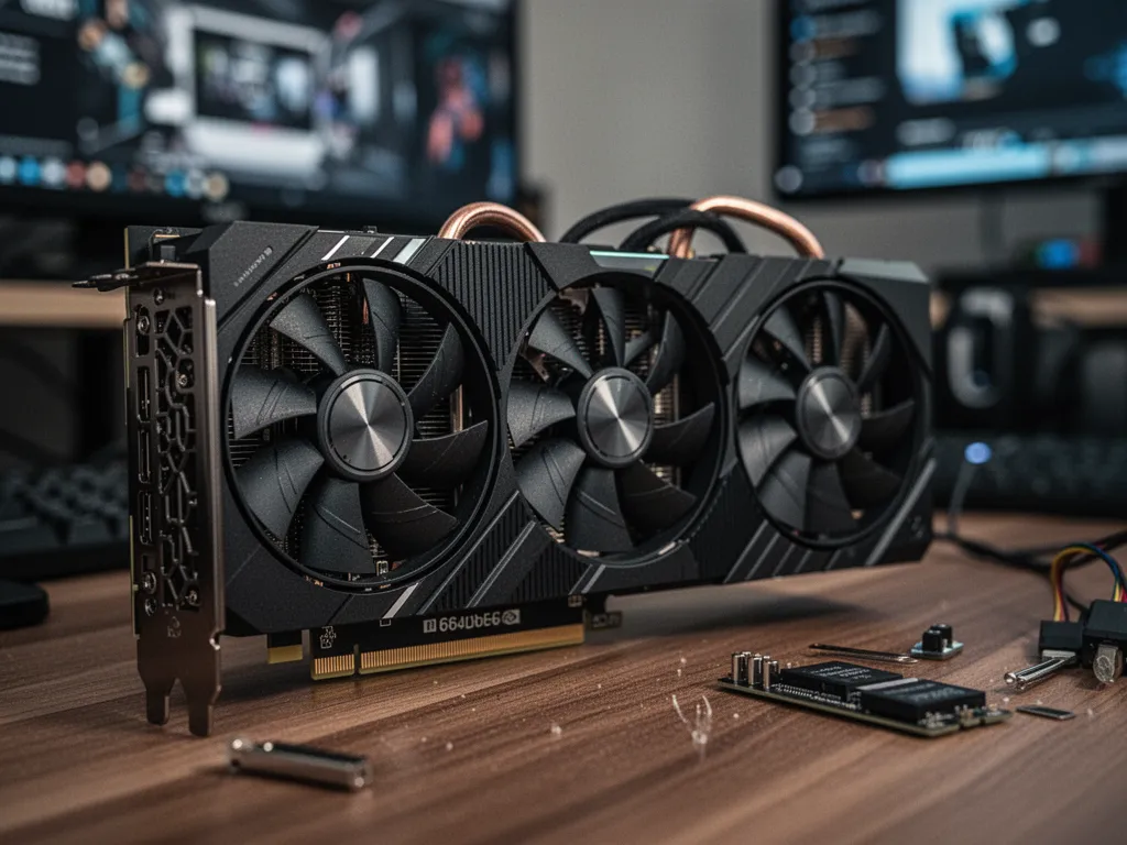 Deux cartes graphiques, une Radeon RX 6600 et une GeForce RTX 3060, posées côte à côte sur un bureau avec un clavier